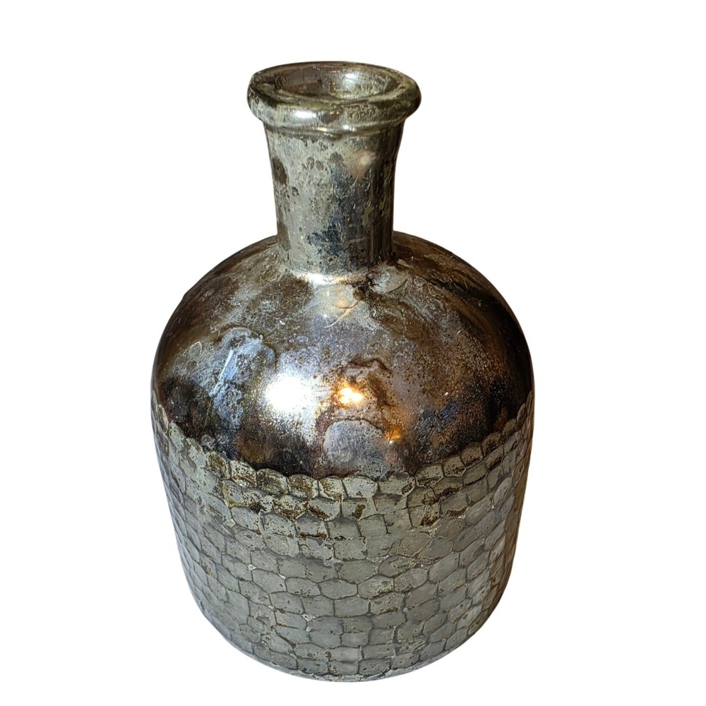Mercury Glass Vase Silver Textured Honeycomb Antique Style Bottle Decor